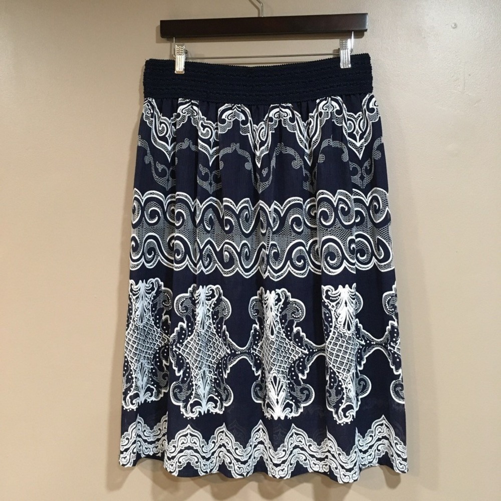 Anthropologie Me 2 Magic Embroidered Midi Skirt Womens L Navy White Boho Long - Picture 5 of 10